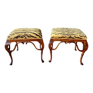Antique Queen Anne Walnut Stools in Scalamandre Le Tigre Tiger Upholstery - a Pair For Sale