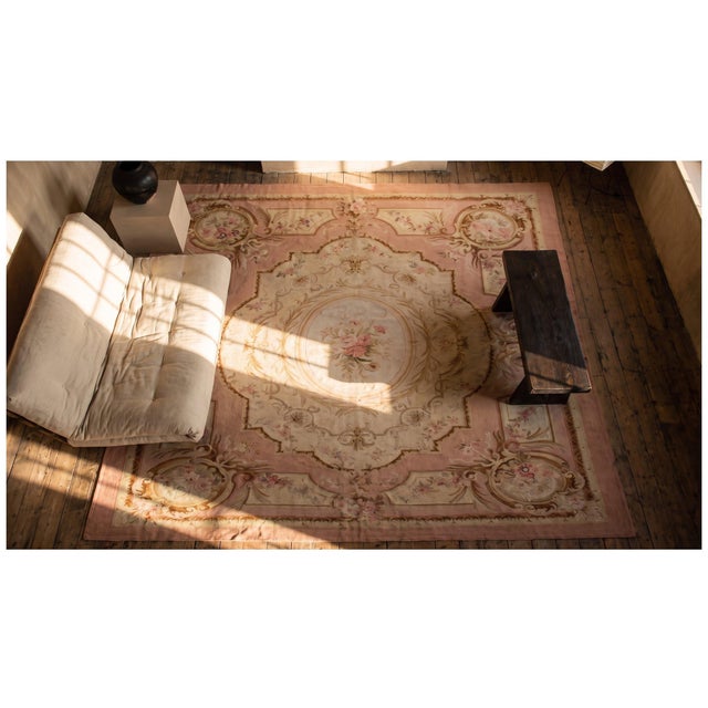 Ivory Luxurious Antique French Aubusson Napoleon III Period With Ivory Background Color and Special Medallion Design For Sale - Image 8 of 10