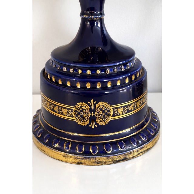 Pair of Antique Vienna Style Cobalt Blue & Gilt Porcelain Pedestal Urns, Circa 1900 For Sale - Image 12 of 13