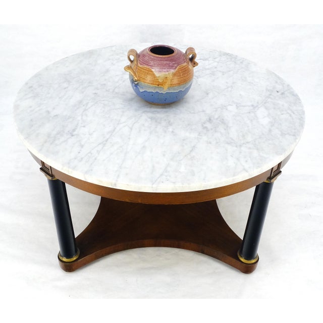 White Round Marble Top Neoclassical Black Lacquer Pedestal Style Leg Coffee Table For Sale - Image 8 of 13