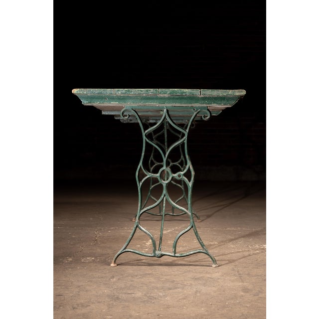 Late 19th Century Weathered Green Farmhouse Trestle Table With Cast Iron Base For Sale - Image 4 of 10