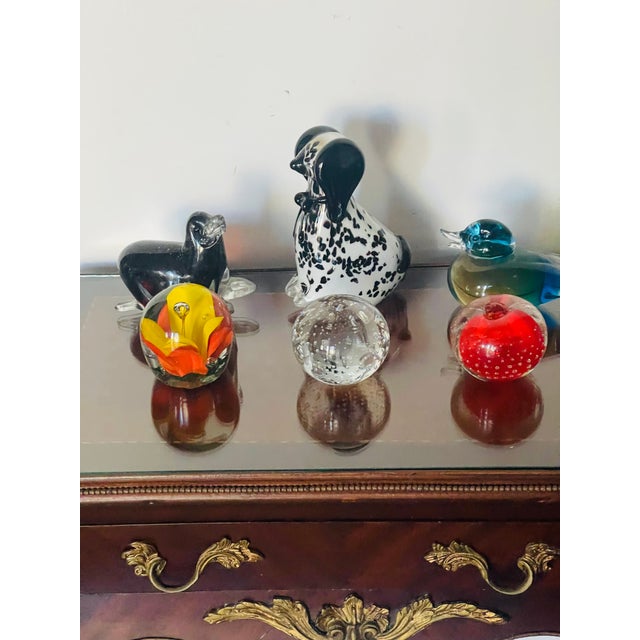 Vintage mid 29 th century art glass paperweights- 3 animal figurines, and 3 round art pieces with controlled bubbles.