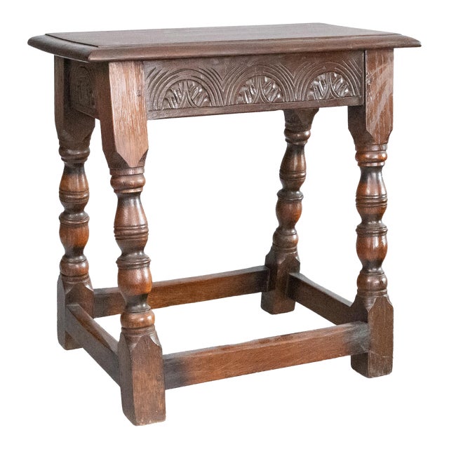 19th C. English Carved Oak Pegged Joint Stool Side Table | Chairish
