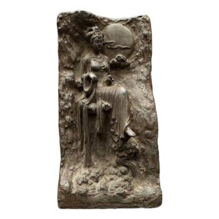 Chinese Stone Carving Sitting Chang'e Fairy With Moon Sculpture For Sale