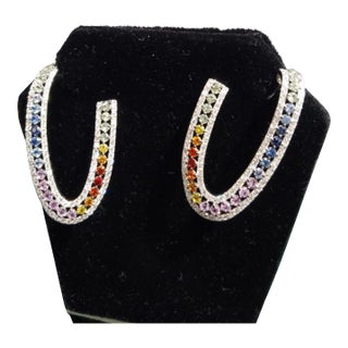 Natural 18k Gold Diamond 1.30ct Multi Sapphire Stud Earrings For Sale