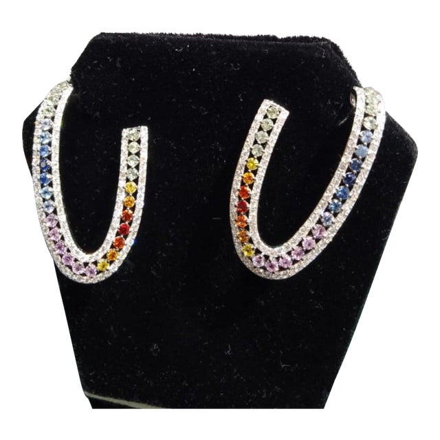 Natural 18k Gold Diamond 1.30ct Multi Sapphire Stud Earrings For Sale