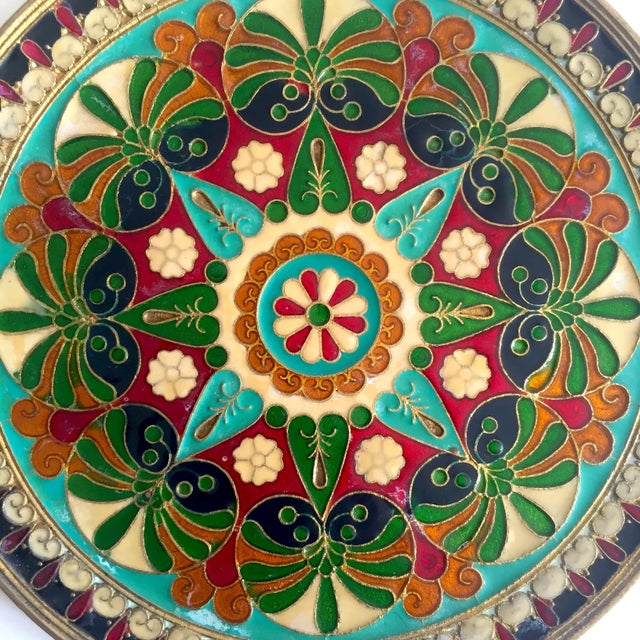 Mid 20th Century Vintage Mid Century Moroccan Brass Multicolor Inlaid Enamel Decorative Wall Plates - Set of 2 For Sale - Image 5 of 13