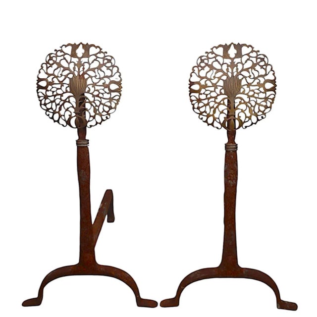 Brass Pr. Brass Filigree Medallion Wrought Iron Base Andirons Att. To Virginia Metal Crafters For Sale - Image 8 of 9