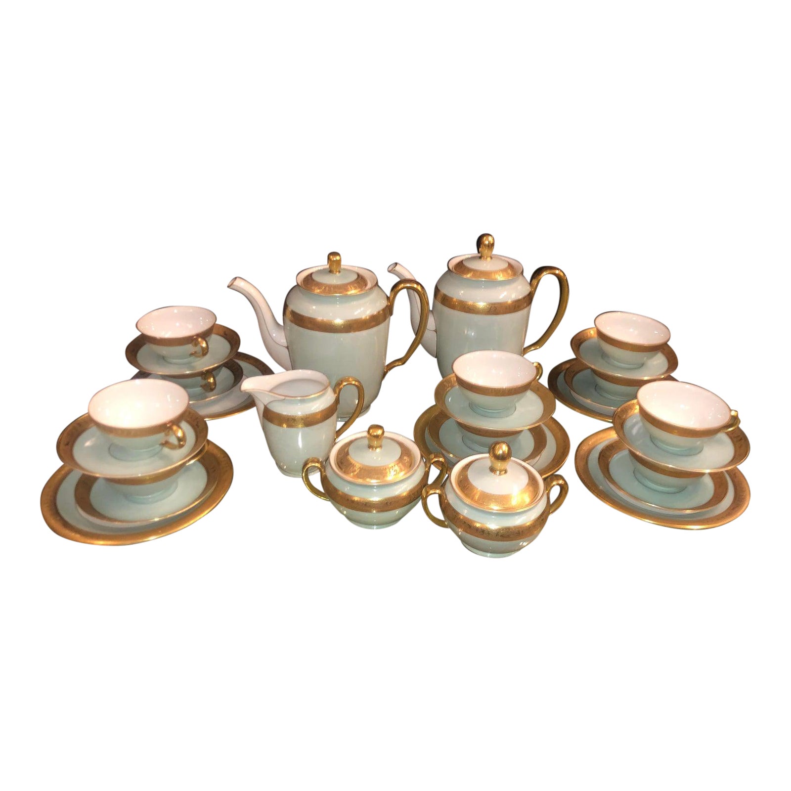 Antique Gold Encrusted CzechoSlovakia Seafoam Green Coffee Tea Set