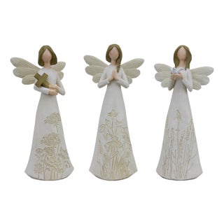 Beige Floral Etched Angel Figurine (Set of 3) For Sale