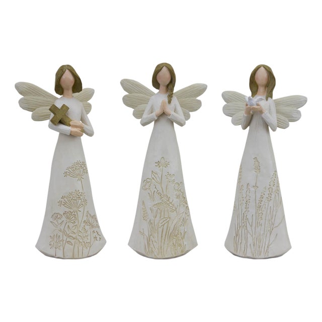 Beige Floral Etched Angel Figurine (Set of 3) For Sale
