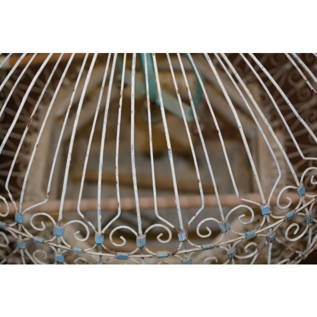 Vintage 1960s Dome Top Balloon Birdcage Cream Blue Wire / Metal & Wood Tunisian Moroccan For Sale - Image 10 of 13