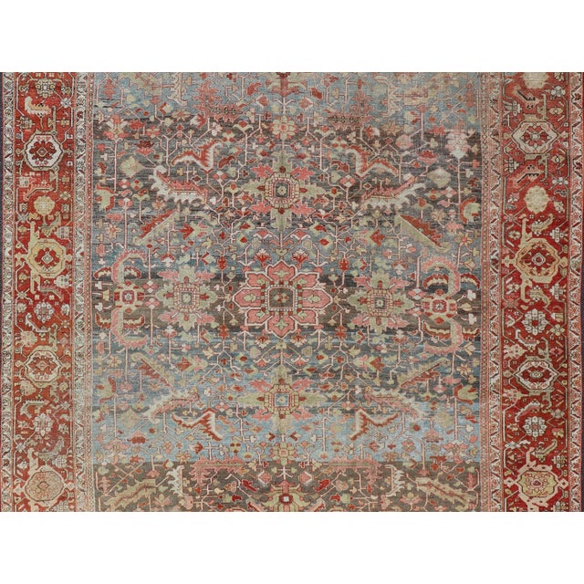 Persian Antique Serapi Rug With All-Over Geometric Design in Gray-Blue and Red For Sale - Image 4 of 14
