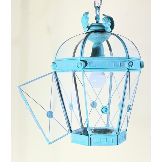 Vintage Style Solid Brass Verdigris Hanging Lantern - Restored & Rewired For Sale - Image 10 of 13
