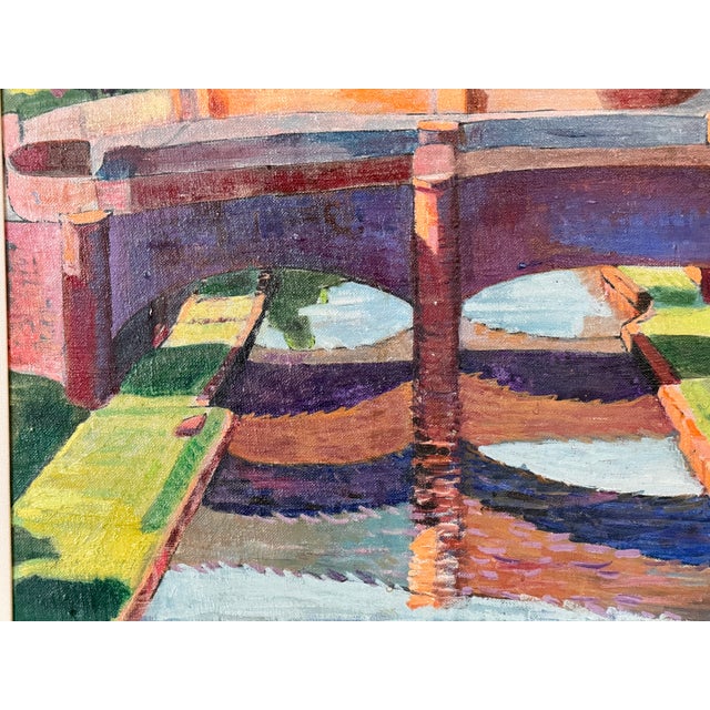 Mid 20th Century Mid 20th Century American Oil Painting of Bridge and Canal Scene For Sale - Image 5 of 7