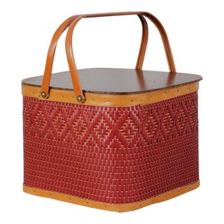 Mid-Century Red Woven Picnic Basket With Lid and Handles For Sale