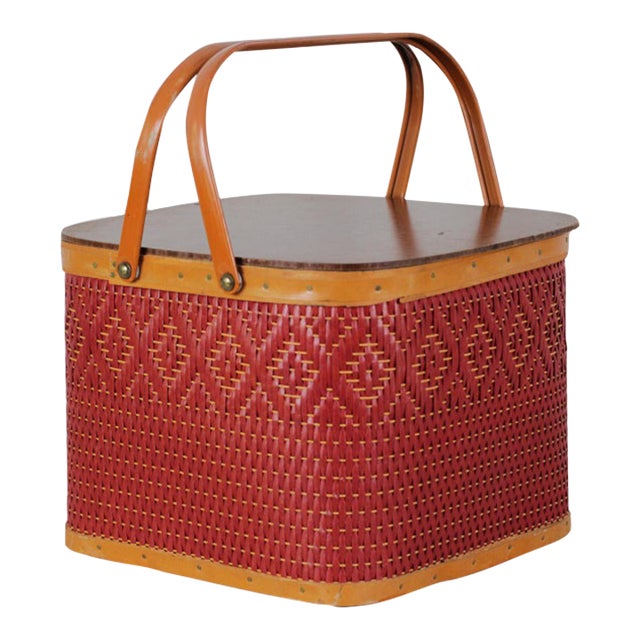 Mid-Century Red Woven Picnic Basket With Lid and Handles For Sale