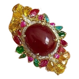 Bochic "Orient" Vintage Diamond, Emerald & Sapphire Ring Set In 18K & Silver For Sale