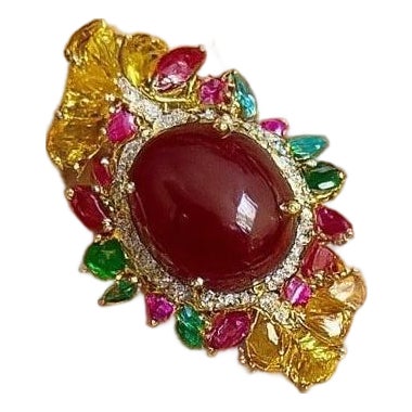 Bochic "Orient" Vintage Diamond, Emerald & Sapphire Ring Set In 18K & Silver For Sale