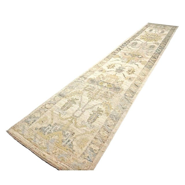 Turkish 21st Century Turkish Oushak Wool 3x19 Yellow, Ivory & Charcoal Handmade Runner Rug #1144136 For Sale - Image 3 of 10
