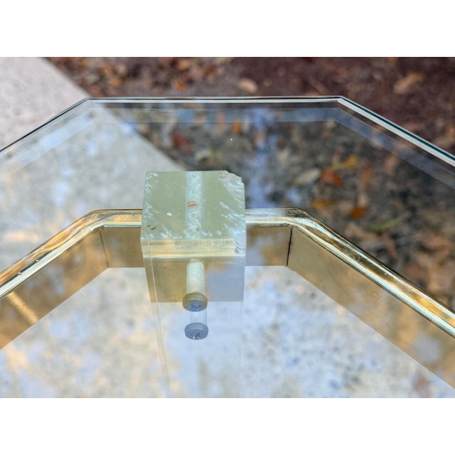 Hollywood Regency Console Table Lucite Pillars Brass Frame in the Manner of Charles Hollis Jones For Sale - Image 15 of 17