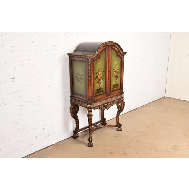 Berkey & Gay Berkey & Gay Style Antique English Jacobean Carved Walnut Hand Painted Bookcase or Bar Cabinet, Circa 1920s For Sale - Image 4 of 14