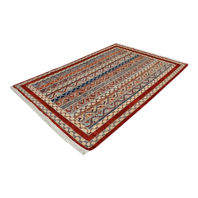1990s Shabby Chic Rustic Shawl Red/Blue Wool Rug - 5'7" X 8'2" For Sale