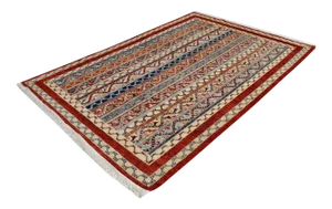 1990s Shabby Chic Rustic Shawl Red/Blue Wool Rug - 5'7" X 8'2"