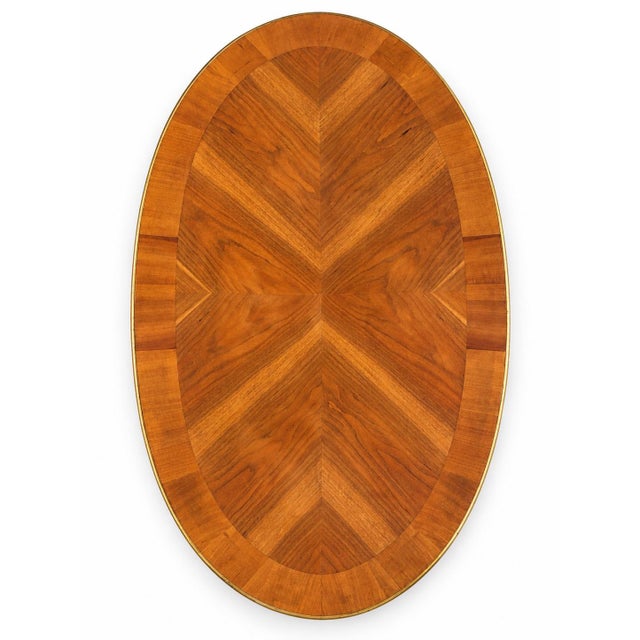 Late 20th Century Mid-Century French Provincial Oval Coffee Table With Radial Walnut Veneer, Satin Canyon Black & Hand-Gilded Gold For Sale - Image 5 of 5