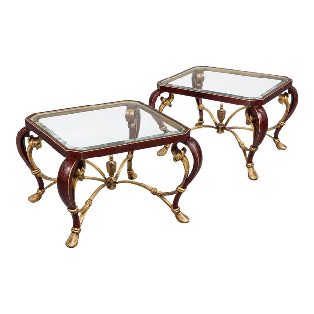 Title: Pair of Vintage Oxblood and Antique Gold Beveled-Glass End Tables For Sale