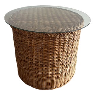1980's Rattan Round Drum Table Bielecky Brothers Style Glass Too For Sale