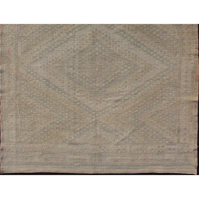 Tan and Light Blue Vintage Turkish Kilim Embroidered Rug With Geometric Diamond Design For Sale - Image 4 of 13