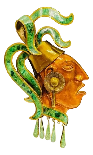 Los Castillo Style Brass, Copper & Malachite Aztec Wall Sculpture, 1950s Mexico
