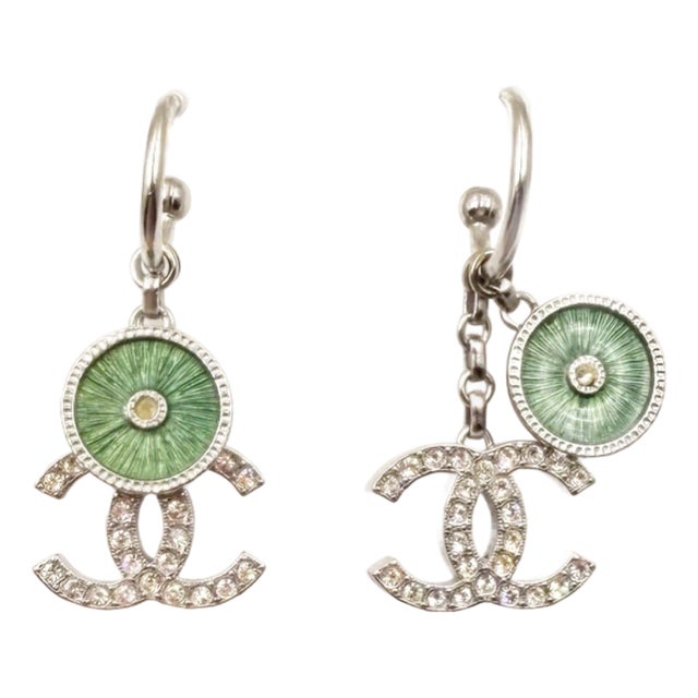 Chanel Silver CC Crystal Green Enamel Wheel Dangle Piercing Earrings, A Pair For Sale