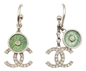 Chanel Silver CC Crystal Green Enamel Wheel Dangle Piercing Earrings, A Pair