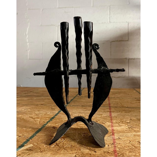 Brutalist David Palombo, Brutalist Hand Forged Iron Sculpture Candelabra Candle Stick Israeli Art Palombo, c.1950's For Sale - Image 3 of 9
