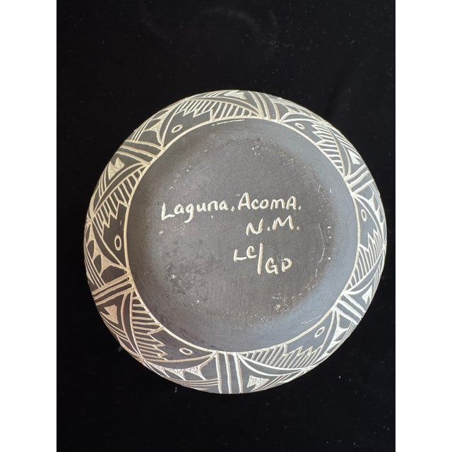 Native American Acoma / Laguna Pueblo Sgraffito Pottery Jar — Hand-Etched Black on Matte Ground, Signed, 4.5" For Sale - Image 3 of 8