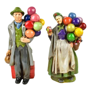 Vintage Old Man and Woman Balloon and Flower Sellers Figurines - 2 Pieces