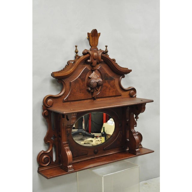 Victorian Antique Eastlake Victorian Carved Walnut Oval Mirror Sideboard Backsplash Shelf For Sale - Image 3 of 18