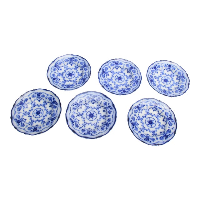 Art Nouveau New Wharf Pottery Flow Blue Transfer Conway -A Set of 6 For Sale