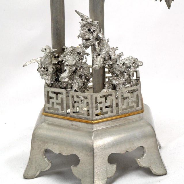 Metal Pair Chinese Mixed-Metal Pewter Crane Sculptures Candlesticks For Sale - Image 7 of 12