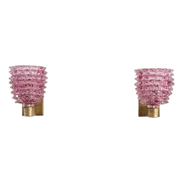 Italian Art Deco Brass and Pink Rostrato Murano Glass Wall Sconces, 1990s, Set of 2 For Sale