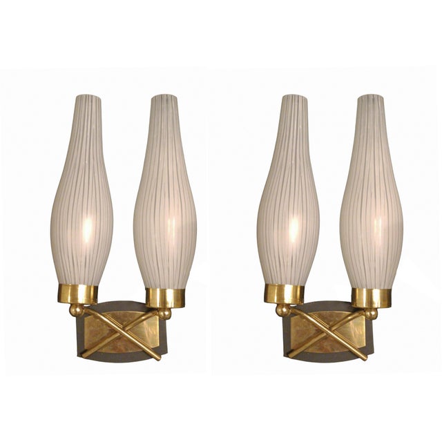 Gold Brass and Ribbed Opal Glass Wall Lamps, Italy, 1950s, Set of 2 For Sale - Image 8 of 8