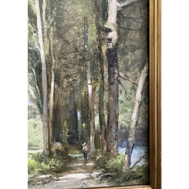 Robert Maione (American, 1932-1987) Original Signed and Framed Oil Painting on Canvas Titled 'Wooded Road by a River' C1976 For Sale - Image 10 of 18