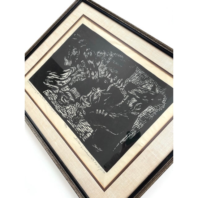 Vintage 1953 Miron Sima Woodblock Print “Friday Evening at the Rabbi” Signed Jewish Wall Art For Sale - Image 10 of 12