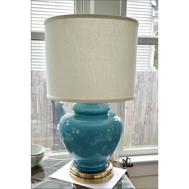 Vintage Teal and Brass Lamp For Sale In New York - Image 6 of 8