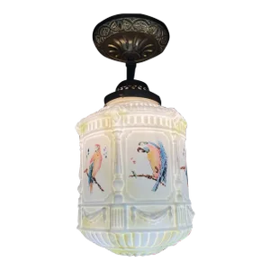 1920's French Art Deco Opaline With Hand Painted Parrot Panels - Hanging Lantern Ceiling Light
