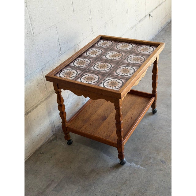 1960s Oak Rolling Bar Cart Patterned Tile Top Serving Tea Trolley in Style of Henning Kjaernulf Denmark 1960s For Sale - Image 5 of 9