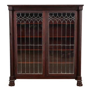 R. J. Horner Style Antique American Empire Carved Mahogany Leaded Glass Front Double Bookcase Cabinet, Circa 1890s For Sale