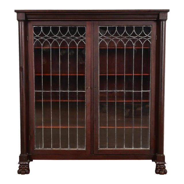 R. J. Horner Style Antique American Empire Carved Mahogany Leaded Glass Front Double Bookcase Cabinet, Circa 1890s For Sale